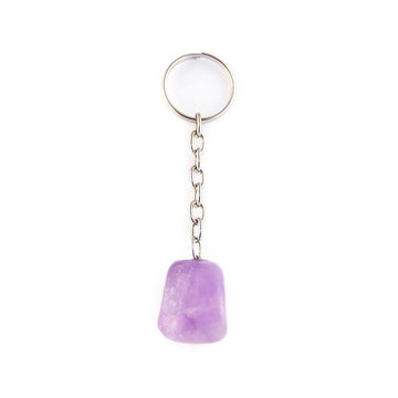 Amethyst Keychain, tumbled purple stone attached to metal keyring on white background.